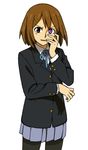  blazer brown_eyes brown_hair code_geass geass hair_ornament hairclip hirasawa_yui iefukurou jacket k-on! pantyhose parody purple_eyes ribbon school_uniform short_hair skirt smile solo 