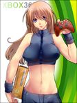  alternate_color alternate_eye_color alternate_hair_color bad_id bad_pixiv_id bangs bare_shoulders border breasts controller covered_nipples cowboy_shot game_console game_controller gradient hair_over_one_eye hand_up holding large_breasts light_brown_hair light_smile long_hair metroid metroid_(creature) metroid_fusion midriff navel outline purple_eyes ran_komomo samus_aran short_shorts shorts smile solo sports_bra turtleneck wristband xbox_360 