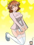  ;d bottomless brown_eyes brown_hair clipboard fresh_precure! garter_belt hanamiya_mitsuhiko one_eye_closed open_mouth panties precure ribbon sandals smile solo thighhighs underwear yamabuki_inori 