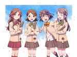  blue_hair brown_eyes brown_hair closed_eyes esukee eyewear_on_head glasses graduation green_eyes green_hair half_updo inazuma_eleven inazuma_eleven_(series) kino_aki kudou_fuyuka long_hair multiple_girls otonashi_haruna purple_hair raimon_natsumi school_uniform short_hair skirt sweater tears tube 