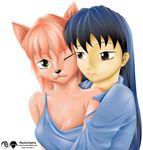  blue_hair brown_eyes cat chest_tuft clothing couple duo feline female fur green_eyes hair human lesbian mammal mysticalpha one_eye_closed pink_hair shirt tank_top tuft wink 