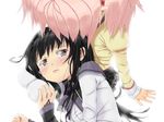  akemi_homura black_hair from_above hairband kaname_madoka lap_pillow magical_girl mahou_shoujo_madoka_magica multiple_girls perspective pink_hair school_uniform serohan simple_background tears thighhighs wavy_mouth white_legwear 