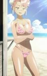  bikini breasts cap cleavage crossed_arms glasses highres highschool_of_the_dead large_breasts pink_hair screencap stitch stitched sunlight swimsuit takagi_saya 