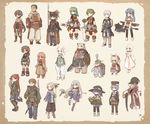  6+girls 7010 animal animal_ears armor axe bear bird black_legwear book bow_(weapon) dark_skin fantasy glasses hat highres long_hair multiple_boys multiple_girls original penguin polearm ponytail scythe shoes short_hair smile spear staff surcoat sword thighhighs weapon winged_shoes wings 