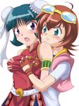  2girls amano_madoka beyblade blush breast_grab breasts breasts_grab china_dress chinese_clothes dress grabbing green_hair hug hug_from_behind madoka_amano mei_mei mei_mei_(beyblade) metal_fight_beyblade multiple_girls open_mouth pixiv_thumbnail red_hair resized takappe tkp yuri 