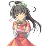  black_hair closed_eyes dress ganaha_hibiki gift gloves holding holding_gift idolmaster idolmaster_(classic) incoming_gift kitase_yuu long_hair ponytail solo 