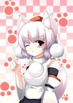  ;t absurdres angry animal_ears checkered checkered_background detached_sleeves hat highres inubashiri_momiji minazuki_(aqua-city) one_eye_closed pointing pout red_eyes short_hair silver_hair solo tail tokin_hat touhou white_hair wolf_ears wolf_tail 