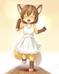  blush brown brown_hair canine chest_tuft cute dress eyes_closed female fox hair ka pose shoes short_hair solo standing tail 