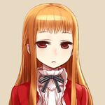  bangs bow chan_co face half-closed_eyes long_hair orange_hair original portrait rea-sama red_eyes simple_background solo upper_body 