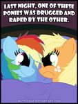  angry applejack_(mlp) bed blonde_hair creepy duo equine female feral forced freckles friendship_is_magic green_eyes hair horse humor humour lesbian mammal massagraf multi-colored_hair my_little_pony pink_eyes pony rainbow_dash_(mlp) rainbow_hair rape shocked smile text 