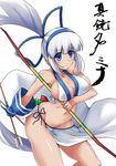  :&lt; arrow asymmetrical_clothes bare_shoulders blue_hair blush bow_(weapon) breasts c.r. collarbone covered_nipples gloves halter_top halterneck loincloth long_hair majikina_mina medium_breasts navel no_bra no_panties ponytail samurai_spirits shiny shiny_skin sideboob simple_background snk solo weapon white_hair 