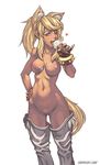  animal_ears blonde_hair blue_eyes bracelet breasts dark_skin denim denim_shorts ear_tuft eating fangs female fingerless_gloves food fur gloves hair hand_on_hip ice_cream jewelry licking liru nipples nude nude_filter photoshop ponytail pussy renkin_3-kyuu_magical?_pokahn renkin_san-kyuu_magical_pokaan sefuart sexually_suggestive shorts solo speh tail thighhighs tuft wink 