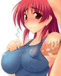  blush breasts handjob kousaka_tamaki large_breasts long_hair penis penis_under_clothes red_eyes red_hair solo_focus swimsuit to_heart_2 zekkyon 