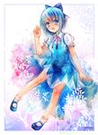  :d blue_eyes blue_hair bow cirno dress floating hair_bow hands knees leaf legs mary_janes no_nose open_mouth pony_(artist) shoes short_hair short_sleeves signature smile socks solo touhou 