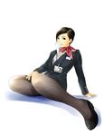  arm_support bad_id bad_pixiv_id black_eyes black_hair black_legwear copyright_request foreshortening highres name_tag pantyhose realistic scarf short_hair simple_background sitting solo stewardess toshinobu40 uniform 