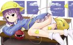  bad_id bad_pixiv_id classroom eyeball hat highres indoors jitome kindergarten komeiji_satori lying on_side panties plaid plaid_skirt purple_hair school_hat skirt socks solo table third_eye touhou tsukumizu_yuu underwear white_legwear white_panties window 