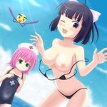  bikini black_eyes black_hair blush box breast_envy breasts dr._rian_ga_mite_ageru green_eyes hat kariya_momiji looking_at_breasts medium_breasts multiple_girls nipples nurse_cap one_eye_closed pink_hair sakae_rian shishou_(dr._rian) short_hair smile suenaga_(progressive) swimsuit untied 