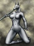  2006 anubian_jackal anubis big_breasts breasts canine deity egyptian equus female jackal kneeling looking_at_viewer mammal nude solo 