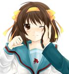  brown_eyes brown_hair comforting hair_ribbon hairband highres kita_high_school_uniform one_eye_closed orange_hairband out_of_frame pov pov_hands ribbon school_uniform serafuku short_hair solo_focus suzuka_(rose_coffee) suzumiya_haruhi suzumiya_haruhi_no_yuuutsu tears 