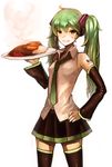  bad_id bad_pixiv_id bandaid bandaid_on_face bare_shoulders detached_sleeves food green_eyes green_hair grin hand_on_hip hat hatsune_miku hozon_rule long_hair nail_polish necktie plate rice simple_background smile solo thighhighs twintails vocaloid zettai_ryouiki 