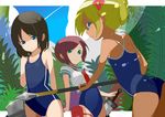  axe bad_id bad_pixiv_id black_hair blonde_hair blue_eyes competition_school_swimsuit green_eyes jungle multiple_girls nature new_school_swimsuit one-piece_swimsuit original polearm red_hair school_swimsuit school_uniform serafuku short_hair spear swimsuit swimsuit_under_clothes sword tamakorogashi weapon 