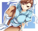  boots breasts brown_eyes brown_hair bun_cover china_dress chinese_clothes chun-li double_bun dress knee_boots large_breasts leg_up legs mushi024 panties pantyhose pelvic_curtain sash short_hair smile solo street_fighter thick_thighs thighs underwear 