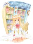  agahari animal_ears blonde_hair book bookshelf bow dog_days dog_ears dog_girl kneeling library long_hair ricotta_elmar solo yellow_eyes 