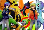  2boys electivire frillish lampent male male_focus multiple_boys pokemon pokemon_(anime) purple_hair servine shinji_(pokemon) smile torterra 