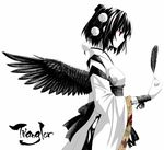  akeboshi_kagayo alternate_costume autumn_leaves bad_id bad_pixiv_id black_hair black_wings english expressionless feathers hands hat holding japanese_clothes kimono kourindou_tengu_costume leaf looking_away looking_down monochrome profile red_eyes ribbon shameimaru_aya short_hair simple_background solo spot_color tengu tokin_hat touhou white_background wide_sleeves wings wristband 