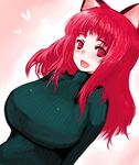  alternate_costume alternate_hairstyle animal_ears breasts cat_ears fang han_(jackpot) huge_breasts kaenbyou_rin open_mouth red_eyes red_hair solo sweater touhou 