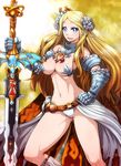  armor belt bikini_armor blonde_hair blue_eyes breasts code_of_princess crown flower gauntlets hair_flower hair_ornament hourglass huge_weapon large_breasts long_hair panties smile solange_blanchefleur_de_luxe solo sword tomoyohi underwear weapon 