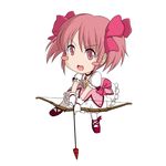  arrow blush_stickers bow_(weapon) chibi globe hair_ribbon jewelry kaname_madoka magical_girl mahou_shoujo_madoka_magica no_nose open_mouth pink_hair red_eyes ribbon sakurato_tsuguhi short_twintails simple_background solo twintails weapon 