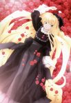  absurdres arm_up blonde_hair flower gosick gothic_lolita green_eyes headdress highres lolita_fashion long_hair lying non-web_source on_back red_flower red_rose rose solo very_long_hair victorica_de_blois 