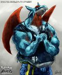  aokmaidu claws dragon eyes_closed fangs grin male muscles pok&eacute;mon pok&eacute;morph reptile salamence scalie solo standing undressing wings 