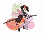  92m armor black_hair brown_eyes comb flower hair_flower hair_ornament highres japanese_armor japanese_clothes katana kimono momohime oboro_muramasa one_knee open_mouth ponytail sheath shoulder_armor sode solo sword thighhighs unsheathing weapon 