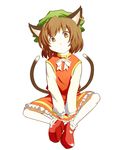  animal_ears bad_id bad_pixiv_id brown_eyes brown_hair butterfly_sitting cat_ears cat_tail chen earrings hat jewelry koyumi multiple_tails short_hair sitting solo tail touhou 