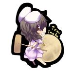  animal_ears barefoot brown_eyes brown_hair bunny_ears bunny_tail carrot chibi dress dress_shirt from_behind full_moon grin inaba_tewi jewelry kuromiya mallet moon pendant shirt smile solo tail touhou 