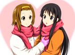  akiyama_mio black_hair blue_eyes brown_eyes brown_hair coat diesel-turbo gloves hairband heart k-on! long_hair multiple_girls scarf shared_scarf tainaka_ritsu yuri 