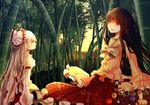  bamboo bamboo_forest bow branch brown_hair forest fujiwara_no_mokou hair_bow hair_ribbon hiyuu_(hiyualice) houraisan_kaguya jeweled_branch_of_hourai multiple_girls nature red_eyes ribbon suspenders touhou white_hair 