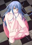  barefoot blue_hair breasts brown_eyes chair copyright_request covering covering_crotch feet full_body legs_up long_hair looking_at_viewer lying medium_breasts nipples nude on_back on_chair soles solo toes yuntea 