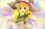  blonde_hair blush bow braid ema20 hair_bow hat kirisame_marisa long_hair looking_at_viewer midriff open_mouth outstretched_arms outstretched_hand solo touhou upper_body witch_hat yellow_eyes 