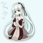  bare_shoulders blush bow brown_eyes buumin dress hairband katrina_elesius kneeling long_hair ribbon smile solo white_hair wild_arms wild_arms_xf 