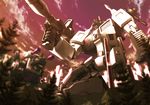  cloud depth_of_field from_below gun handgun mecha metroplex no_humans one_knee open_mouth outdoors robot sky transformers tree trypticon weapon yorozu 