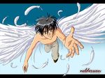  arm black_hair feather feathers flying male pants red_eyes shirtless shoes short_hair solo tenkuu_no_escaflowne van_fanel wings 