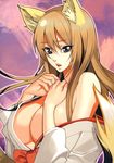  animal_ears bare_shoulders blue_eyes breasts brown_hair cleavage copyright_request fox_ears highres inkey japanese_clothes large_breasts lips miko off_shoulder open_mouth solo tail upper_body 