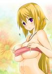  between_breasts blonde_hair breasts charlotte_dunois infinite_stratos jewelry large_breasts long_hair navel necklace purple_eyes solo strapless tubetop undersized_clothes yahiro_pochi 