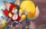  breasts butt canine cityscape claws cleavage ear_piercing female fishnet fluffy_tail fox grin jeso lipstick looking_at_viewer malice panties piercing roof solo tail underwear vixen yellow_eyes 