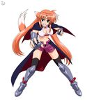  animal_ears arf armor blue_eyes breasts cleavage cleavage_cutout fingerless_gloves gloves lyrical_nanoha mahou_shoujo_lyrical_nanoha mahou_shoujo_lyrical_nanoha_a's mahou_shoujo_lyrical_nanoha_a's_portable:_the_battle_of_aces medium_breasts midriff navel official_art open_fly solo tail thighhighs unzipped 