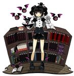  bat black_hair blue_eyes book cup faux_figurine hat mini_hat mini_top_hat morina_nao open_mouth pixiv_fantasia pixiv_fantasia_5 pointy_ears short_twintails shorts solo stuffed_toy symbol-shaped_pupils tea teacup top_hat twintails 