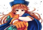  alena_(dq4) bad_id bad_pixiv_id cape dragon_quest dragon_quest_iv dual_wielding earrings face foreshortening gloves hat holding jewelry nunucco orange_eyes orange_hair outstretched_arm short_sleeves simple_background solo upper_body 
